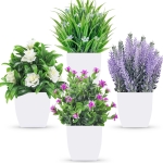 Artificial Potted Faux Plants with Flowers, 4pack